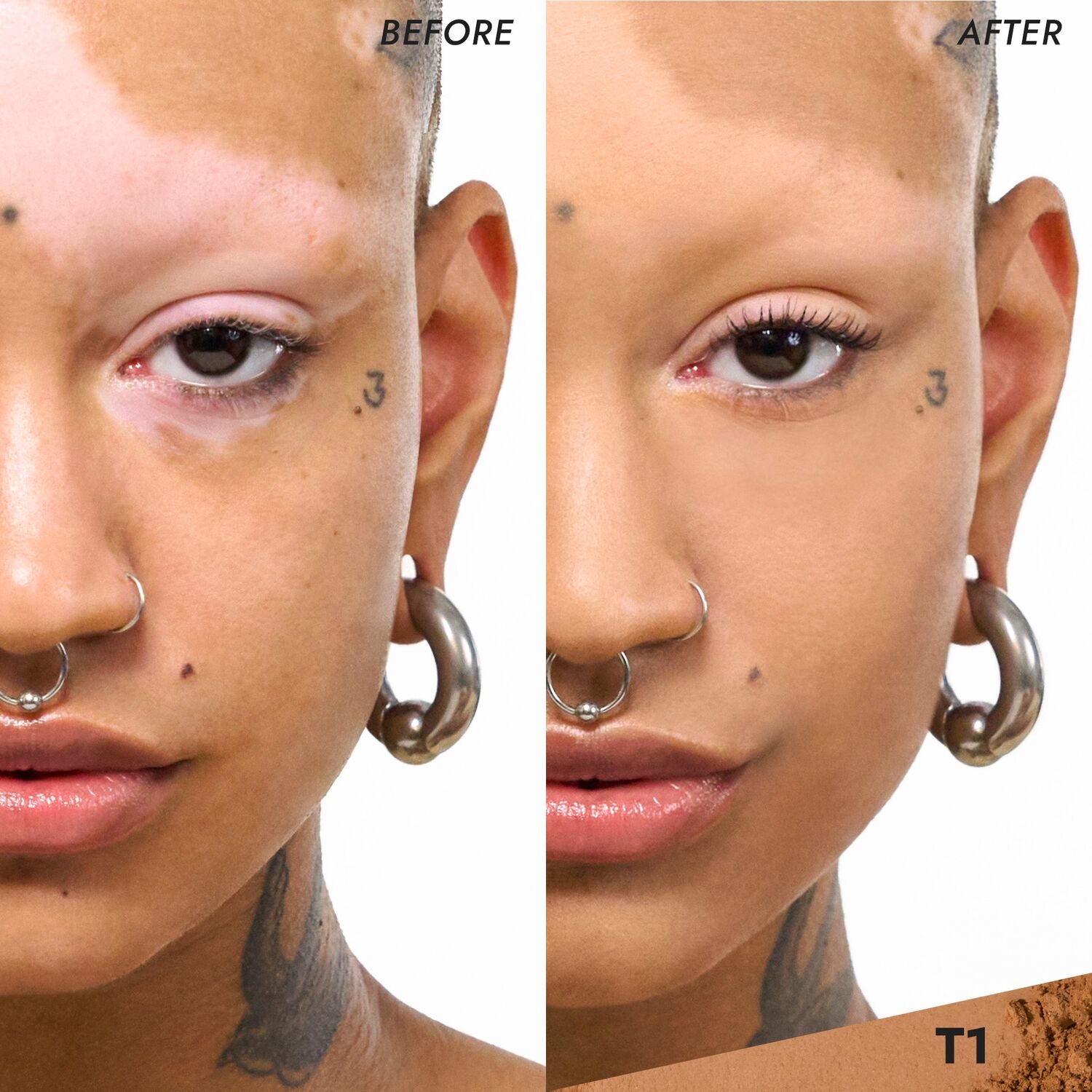 Coverfx Pressed Mineral Foundation model before and after image in shade  T1